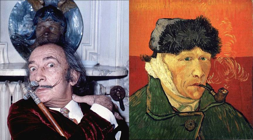 Left: Portrait of Salvador Dali (taken in Hôtel Meurice, Paris, by Allen Warren, 1972). Right: Self-portrait with bandaged ear and pipe (van Gogh, 1889). Courtesy of Wikipedia.